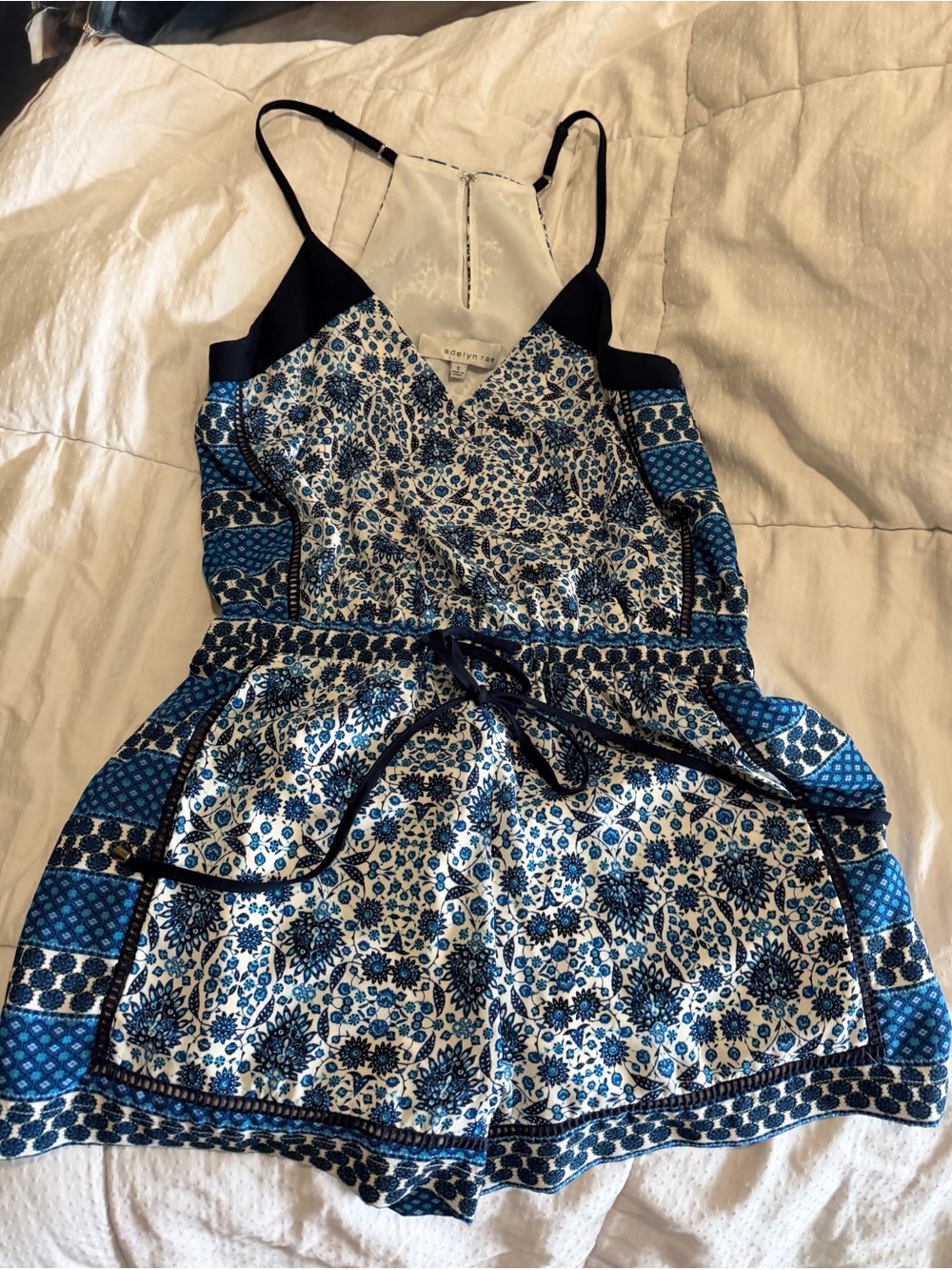 Adelyn Rae Blue and White Printed Spaghetti Strap Romper